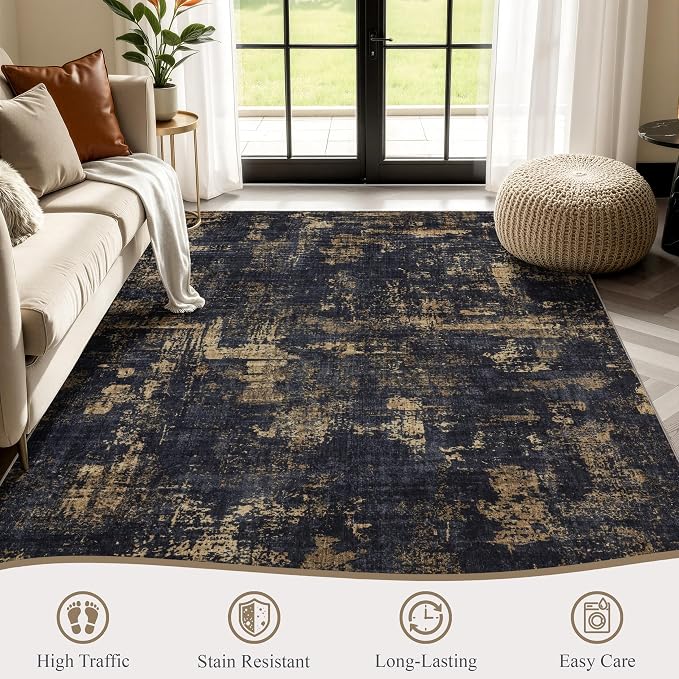 Sasttie 5x7 Soft Area Rug for Living Room, Modern Abstract Washable Carpet for Bedroom, with Non-Slip Backing, Black and Gold