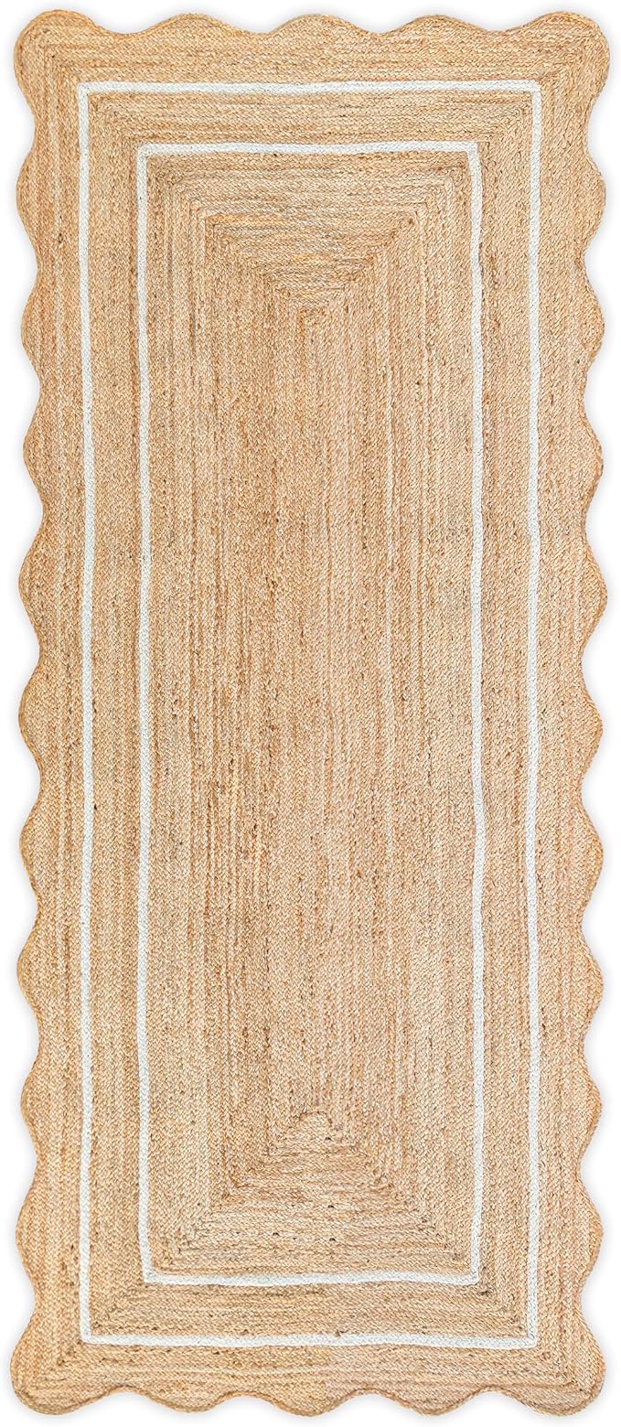 Wave Scalloped Natural Jute Runner, Off White (2'6"x14'): Boho Farmhouse Entryway Scallop Rug