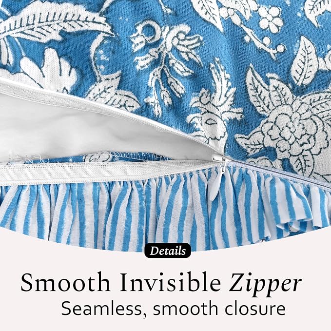 CPC Block Print Ruffle Throw Cover Blue Sapphire 20"x20" Inch Pack of 2-100% Cotton Ruffle Couch Decorative Boho Pillows Case for Living Room, Bedroom, Sofa, Farmhouse Gift for Spring, Mother's Day