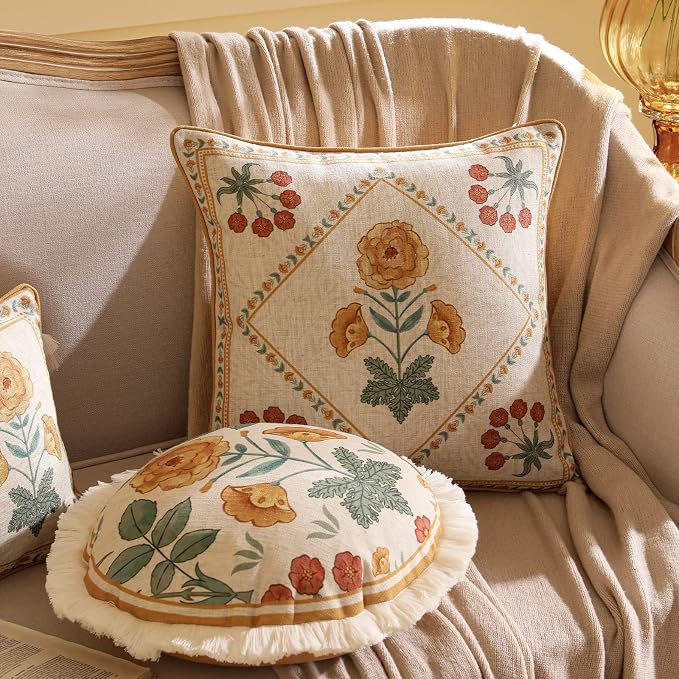 patdrea French Vintage Linen Throw Pillow Cover,Set of 4-RosaSilvestre | Decorative Pillow Case with Zipper,Yellow Floral Pattern,Cushion Coverfor Couch Living Room Bedroom Sofa