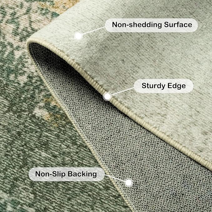 Kelarea Living Room Rug, 10x14 Rug Modern Abstract Washable Rugs, Green Vintage Low Pile Carpet, Non Slip Large Rugs for Bedroom, Dining Room, College Dorm, Home Office