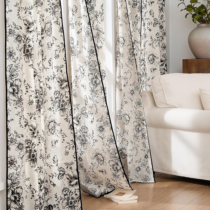 jinchan Floral Linen Curtains with Black Trim 90 Inch Back Tab 2 Panels | Light filtering drapes, semi sheer, french country, farmhouse, vintage, living room, bedroom, rod pocket, window treatment