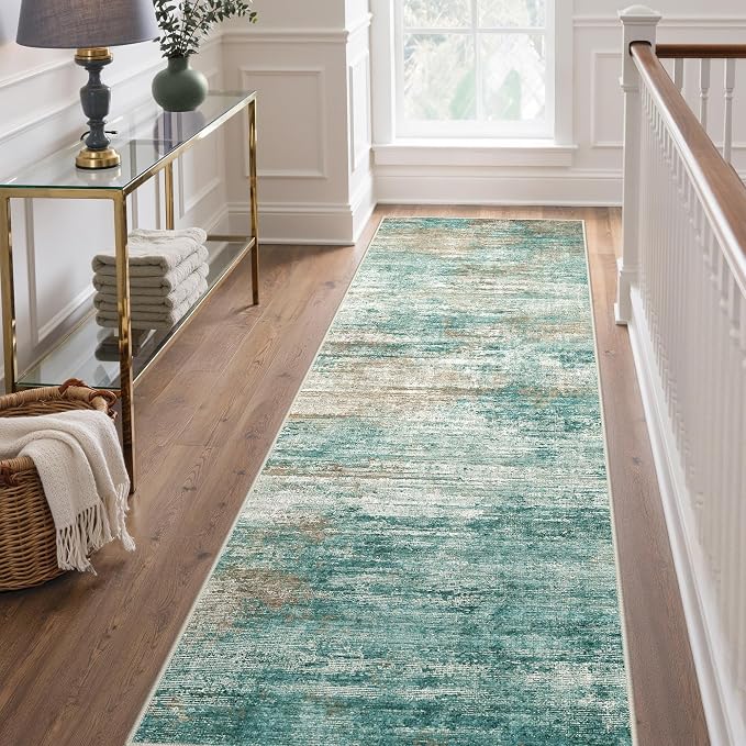 GENIMO Runner Rug Non Slip 2'6"x8', Washable Rug Runner for Hallways Kitchen, Abstract Modern Kitchen Rugs, Low Pile Lightweight Carpet Runners for Entryway, Bedroom, Laundry, Teal Brown