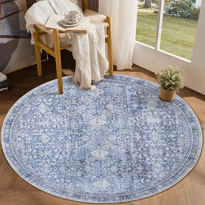 Sasttie Round Rug 4ft, Ultra-Soft Washable Circle Rug, Low Pile Foldable Thin Carpets with Non-Slip Backing, Skin-Friendly Stain Resistant Carpet for Living Room, Bedroom, Kitchen, Dorm, 4ft, Blue