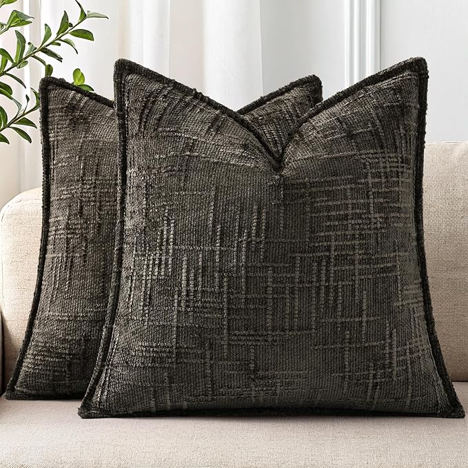 decorUhome Chenille Throw Pillow Covers 20x20 Set of 2,Chocolate | Soft Texture, Slubby Modern Design, Flange Edges, Cozy Accent Pillow Covers for Couch, Sofa, Bed, Living Room