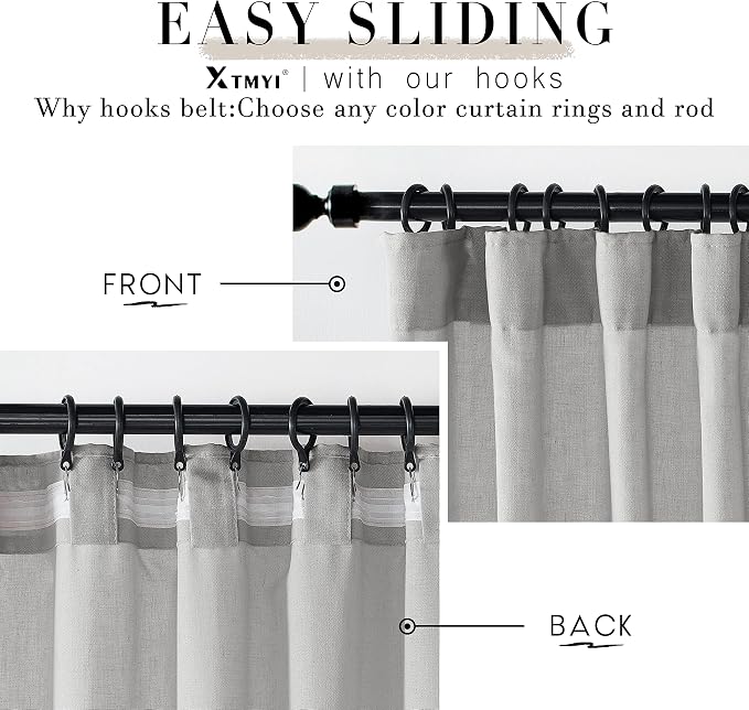 XTMYI Gray Curtains 96 Inches Long,Sheer Linen Back Tab Hooks Pleat Light Weight Modern Stylish Curtains for Living Room 96 Inch Length 2 Panel Set,Grey