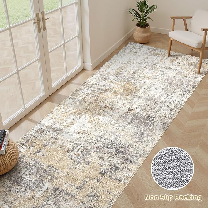 Runner Rug Kitchen Washable Rugs: 2x5 Non-Slip Abstract Soft Modern Stain Resistant Indoor Floor Neutral Accent Throw Carpet for Hallway Bathroom Laundry Room Entryway Bedroom- Gray Gold