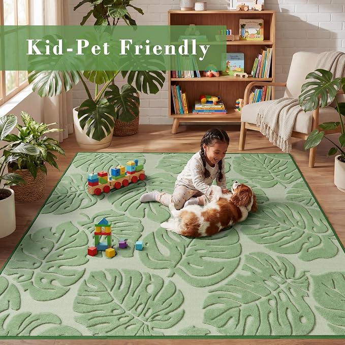 Sage Green Monstera Area Rug 8x10, High-Low Plush Pile Washable Rugs for Living Room Bedroom, Tropical Non Slip Nursery Carpet Soft Indoor Shag Rugs for Dining Room
