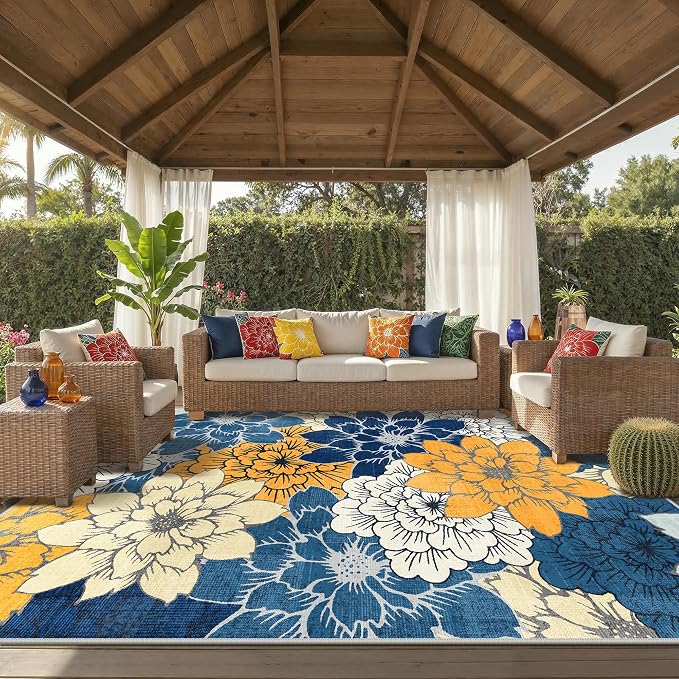 GENIMO 10x14 Outdoor Rug, Washable Quick Dry for Patio, Blue | Floral design for gazebo; lightweight chenille with quick-dry non-slip backing for indoor living spaces