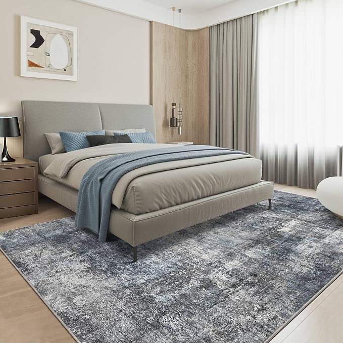 Abstract 5x7 Area Rug: Machine Washable Non Slip Ultra Thin Low-Pile Carpet, Soft Stain Resistant for Living Room Bedroom Nursery, Kid Pet Friendly, Robot Vacuum Compatible - Dark Grey/Blue