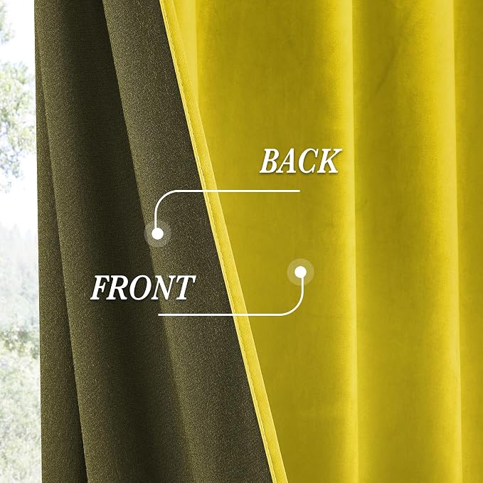 RYB HOME Chartreuse Yellow Velvet Curtains for Bedroom Living Room, Thermal Insulated Privacy UV Heat Blocking Luxurious Soft Rod Pocket Back Tab Drapes for Nursery, 52" W x 90" L, 2 Panels