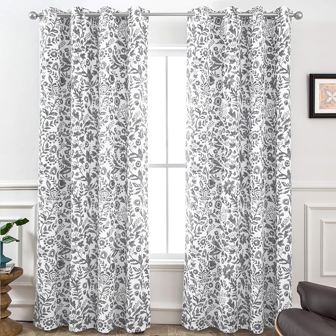 DriftAway Julia Blackout Curtains Grommet 2 Panels, W52xL96, Gray | Floral Curtains, Bedroom, Living Room, Room Darking, Watercolor Pattern, 2 Layers, Thermal Insulated, Window Treatment