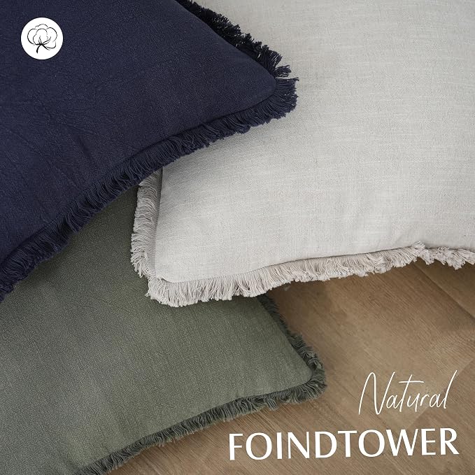 Foindtower Set of 2 Decorative Linen Fringe Throw Pillow Covers Cozy Farmhouse Boho Cushion Cover with Tassels Soft Accent Pillowcase for Couch Sofa Bed Living Room Home Decor 20×20 Inch Olive Green