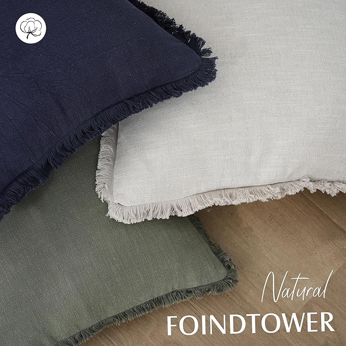 Foindtower Set of 2 Decorative Linen Fringe Throw Pillow Covers Cozy Boho Farmhouse Cushion Cover with Tassels Soft Accent Pillowcase for Couch Sofa Bed Living Room Home Decor, 24×24 Inch, Olive Green