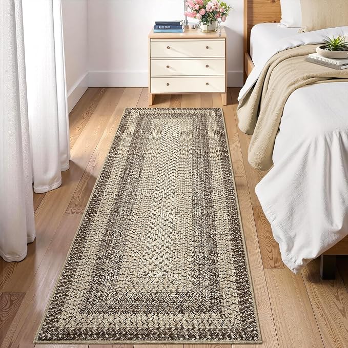 RUGSREAL Runner Rug for Hallway Kitchen Runner Rug 2x10, Machine Washable Long Runner Throw Carpet with Rubber Backing, Stain Resistant Braided Printed Entryway Carpet for Bedroom Living Room, Camel