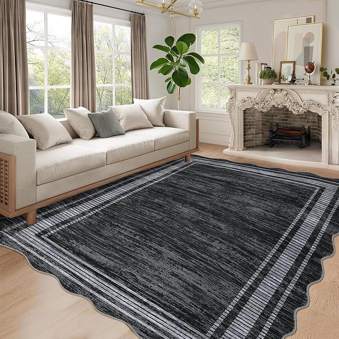 Garvee Black Scallop Area Rug 5x7 Washable Rugs for Bedroom Neutral Rug | Soft Low Pile Solid Rug, Bedroom Throw Carpet Stain Resistant Classic Area Rug Boho Rugs for Kitchen Nursery
