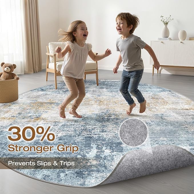 8ft Round Rug Living Room: 8x8 Washable Large Neutral Circle Area Rug Abstract Soft Modern Stain Resistant Indoor Floor Non-Slip Carpet for Bedroom Nursery Kids Office Playroom Dining Room- Blue Gold