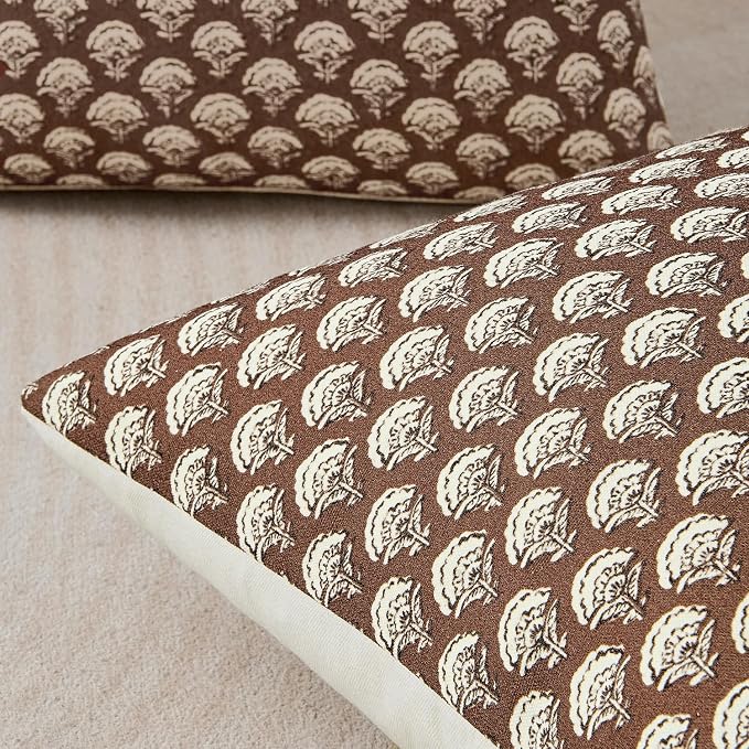 MIULEE Set of 2 Decorative Floral Throw Pillow Covers Neutral Vintage Fall Block Print Boho Farmhouse Cushion Covers for Modern Spring Home Decor Couch Sofa Bed Living Room, 18x18 Inch, Dark Brown
