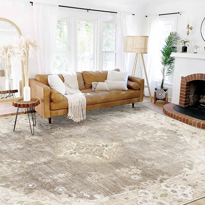 MUJOO 9x12 Area Rug Beige Washable Rug Non Slip Low-Pile Floral Large | Machine Washable Throw Carpet for Living Room Bedroom Dining Room Boho Soft Big Floor Indoor Vintage Bohemian Flowers
