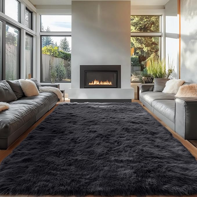 OLANLY 7x8 Machine Washable Large Area Rugs for Living Room, Bedroom, Soft Fluffy Shaggy Bedside Rug, Indoor Floor Carpet for Kids Girls and Boys, Dorms, Nursery, Home Decor Aesthetic, Black