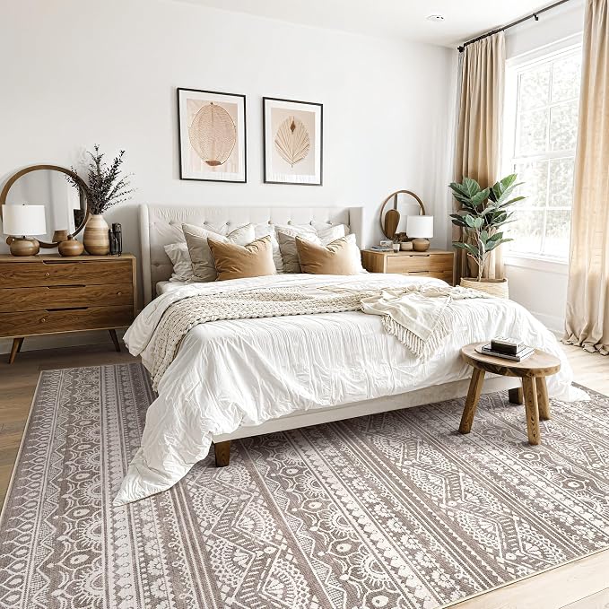 Tortania Area Rug Living Room Rugs - 9x12 Washable Large Soft Neutral Boho Moroccan Bohemian Farmhouse Rug Indoor Floor Carpet for Bedroom Under Dining Table Home Office Decor - Dark Brown
