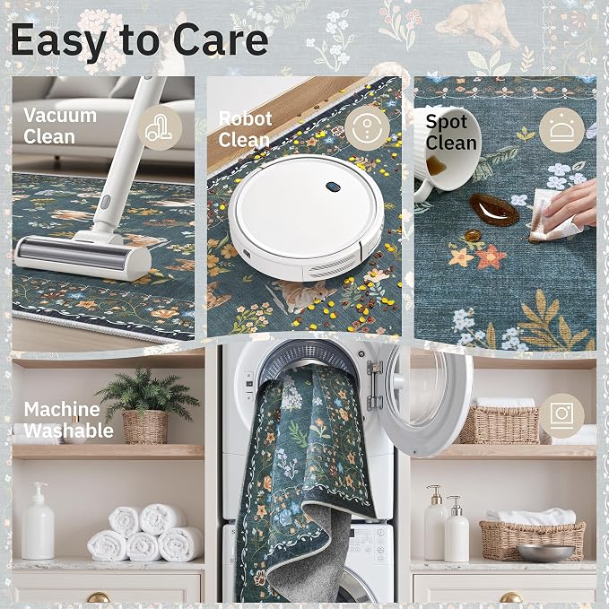 Soalmost Dog 5x7 Area Rugs for Living Room, Washable Soft Rug Navy Blue | Floral Vintage Non-Slip Low Pile Cute Animal Throw Rugs for Kitchen Dining Room Bedroom Nursery Playroom 5' x 7'