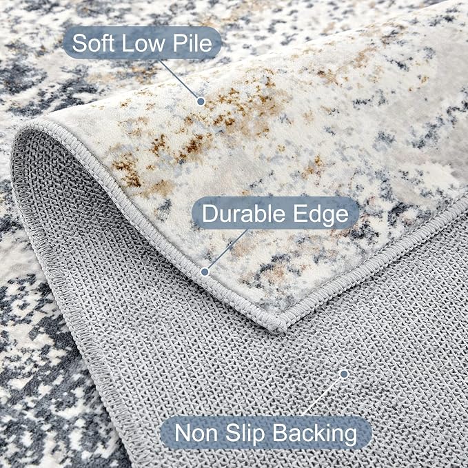 DMOYEST Square Area Rug Living Room Rugs - 5x5 Washable Large Soft Indoor Neutral Modern Abstract Low Pile Rug Carpet for Bedroom Dining Room Farmhouse Home Office - Beige Blue