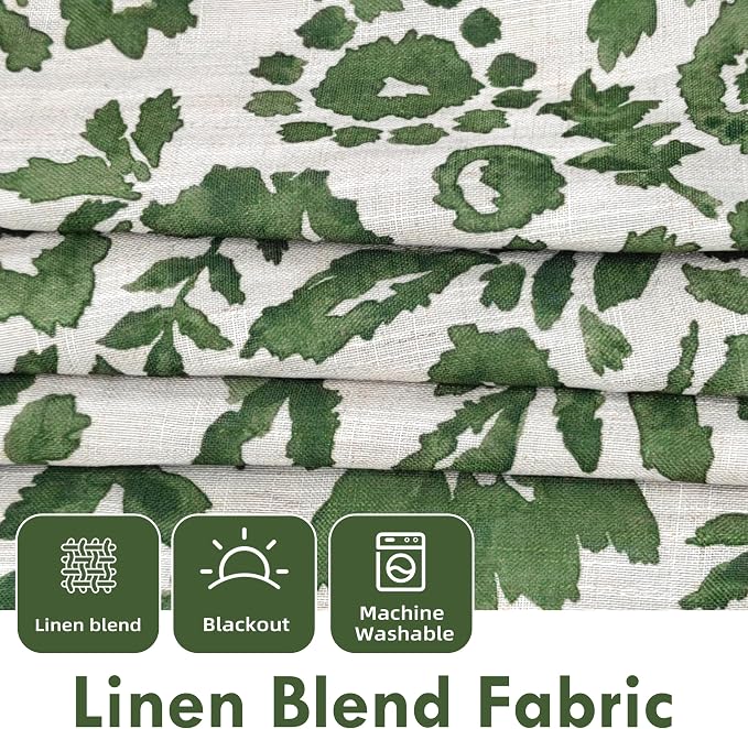 DriftAway Julia 100% Blackout Curtains Grommet 2 Panels, W52xL90, Green | Floral Curtains, Bedroom, Living Room, Linen Blend, Watercolor Pattern, 2 Layers, Thermal Insulated, Window Treatment