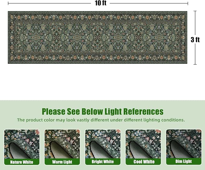 Runner Rugs 2x10 Boho Small Washable Area Rugs for Entryway Bathroom Kitchen, Long Rugs for Hallway Soft Low Pile Non-Slip Rubber Backing Oriental Dark Green