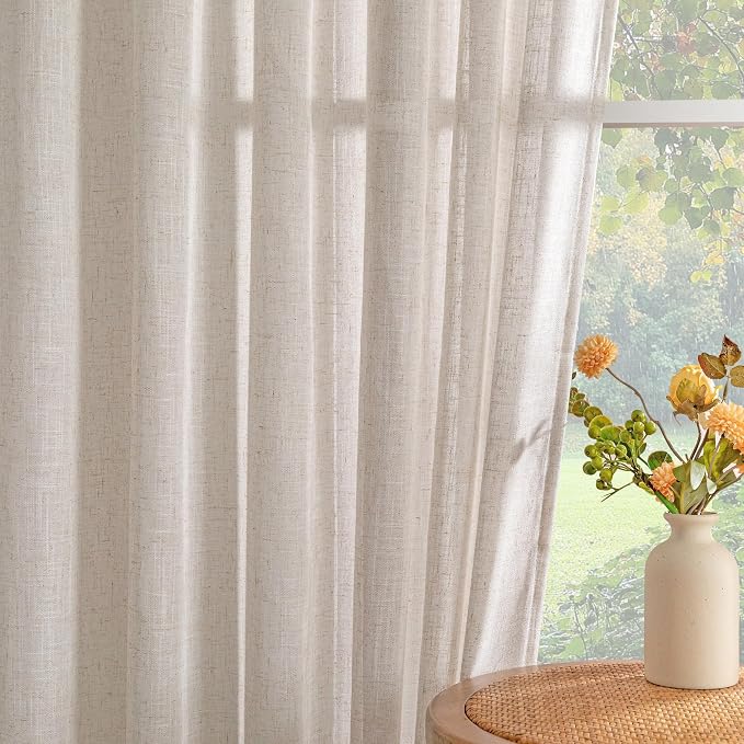 MYSKY HOME Natural Linen Curtains for Kitchen Window Half Sheer Drapes 45 Inches Long, Farmhouse Style Linen Polyester Blend Fabric, Decorative Texture for Bathroom Closet Cafe, 50" x 45", 2 Pieces