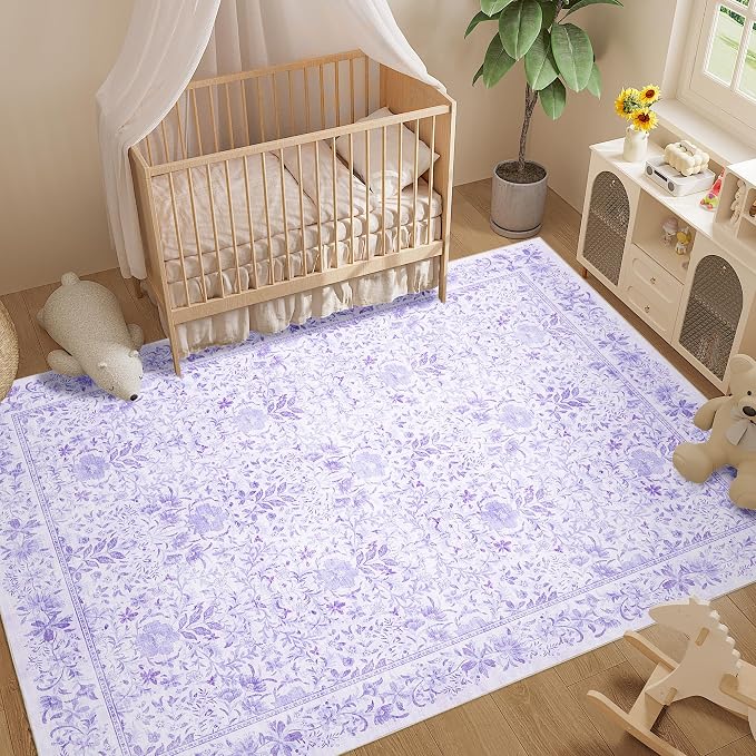 DUKINO 6x9 Area Rug, Vintage Floral Washable Rugs for Living Room, Purple | Non Slip, Low Pile, Non-Shedding, Soft Indoor Large Carpet for Bedroom, Office, Dining Room, Farmhouse, Nursery, Home Decor