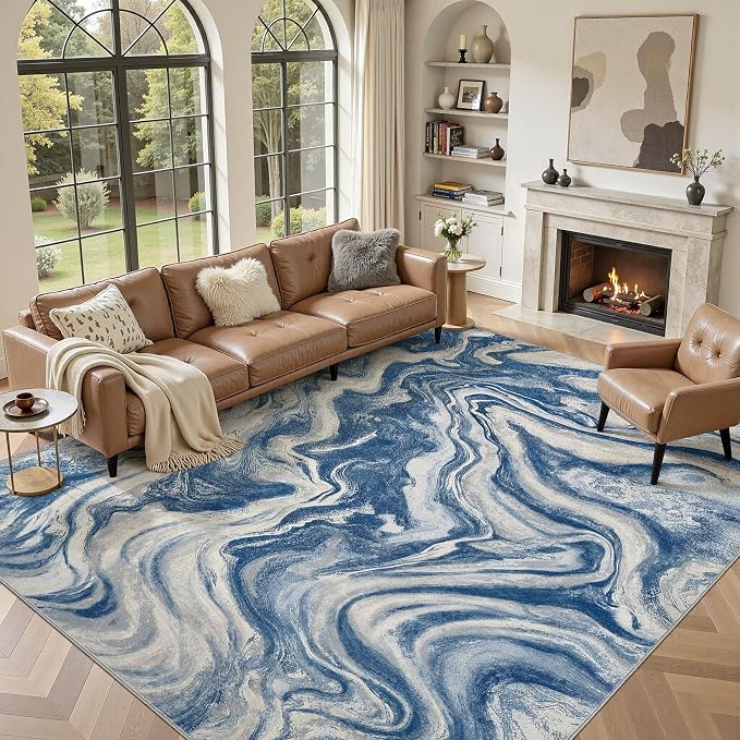 DMOYEST 9x12 Area Rug for Living Room:Washable Modern Neutral Abstract Rug with Low Pile Non Slip Soft Thin Large Indoor Carpet for Bedroom Dining Room Home Office Decor-Navy Blue