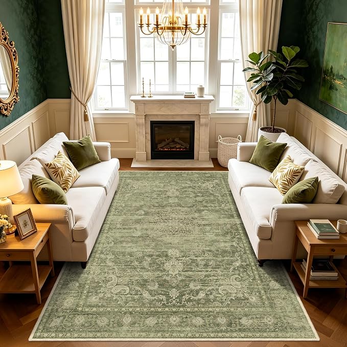 Living Room Rug, Vintage Medallion 6x9 Area Rugs for Dining Room and Bedroom, Washable Low Pile Sage Green Rug with Non-Slip Silicone Backing, Non-Shedding Stain Resistant
