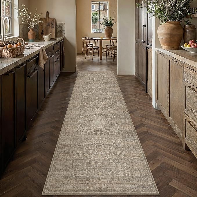 HUGEAR Hallway Runner Rugs 3x10 Light Brown Washable Rug Neutral Vintage Rug Carpet Distressed Soft Durable Non Slip No Shedding for Indoor Bedroom Kitchen Dining Nursery Laundry
