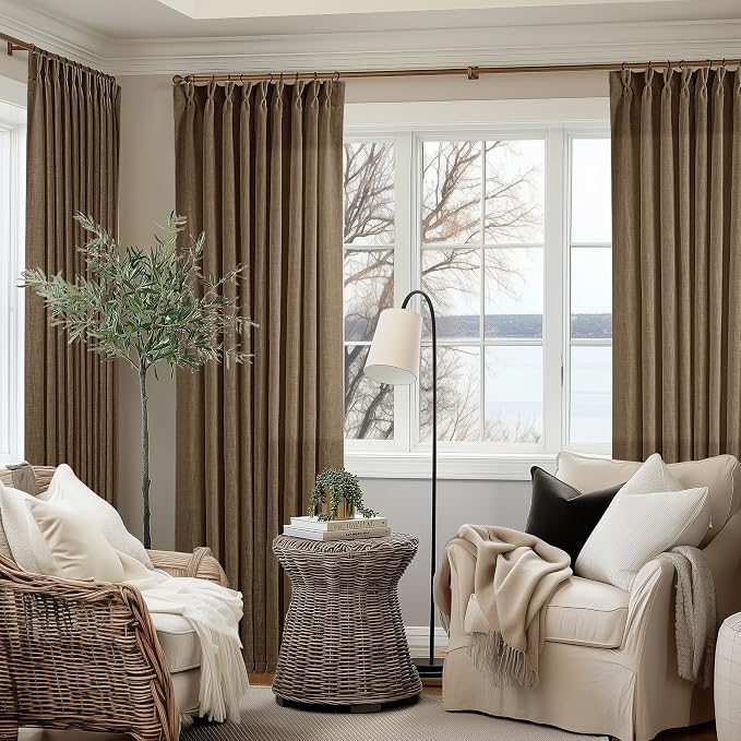 Dutch Cocoa Pinch Pleat Linen Curtains 92 Inches Long 60 Inch Wide 1 Panel | Light Filtering Semi Sheer Privacy, 400GSM Fabric Memory Shape, Pinch Pleated, for Sliding Door Living Room Bedroom, W60xL92