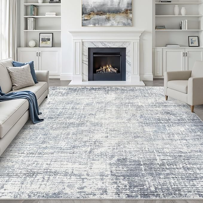 7x9 Area Rug Living Room: Washable Large Neutral Blue Rugs Abstract Soft Modern Stain Resistant Indoor Floor Non-Slip Carpet for Bedroom Nursery Kids Office Playroom Dining Room Under Table Home