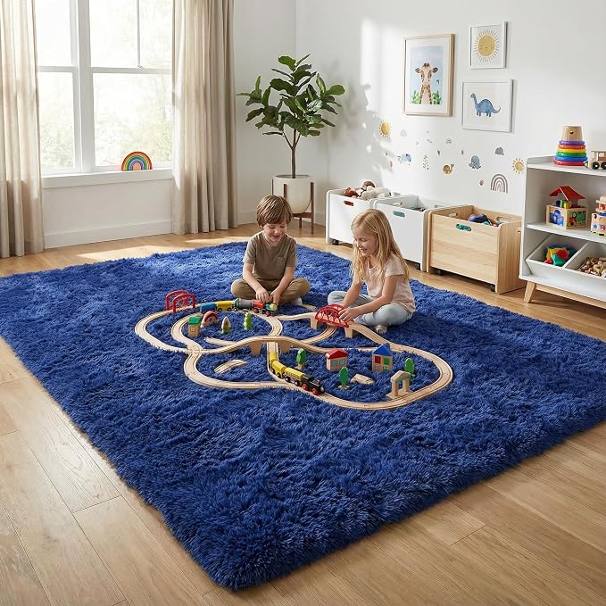Fluffy Rugs for Living Room: Dusty Blue Soft Shag Rug for Bedroom, Large Fuzzy Plush Indoor Carpet Non Slip Modern Rug for Nursery Kids Room Dorms Office Home Decor, 7x10 Feet