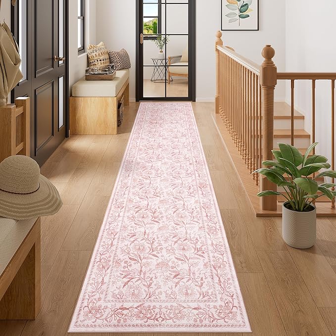 DUKINO 2x10 Runner Rug for Hallway, Washable Vintage Floral Rug, Light Pink | Non Slip, Low Pile, Non-Shedding, Stain Resistant Soft Long Runner Carpet for Kitchen Bathroom Entryway Bedroom Farmhouse