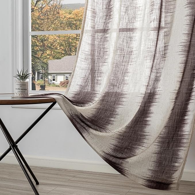 MYSKY HOME Bedroom Curtains Linen Textured Semi Sheer Curtains 63 Inch Length, Lines Printed Curtains & Drapes, Soft Light Filtering Privacy Protect, 50" x 63", Red/Lines, 2 Panels