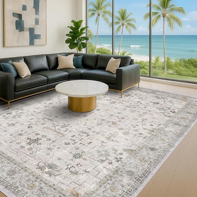 Large 10x12 Living Room Rug - Vintage Light Gray & Sage Floral Area Rug for Dining Room, Washable Low Pile Bedroom Carpet, Modern Eclectic Geometric Decor & Stain Resistance