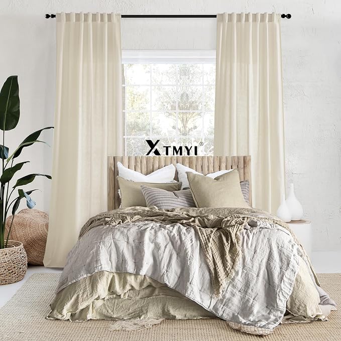 XTMYI Bathroom Window Curtains Short,Linen Sheer Boho Farmhouse Kitchen Curtains 45 Inch Length,Beige