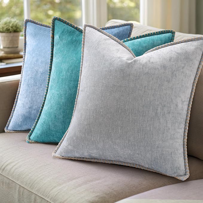 decorUhome Soft Chenille Throw Pillow Covers 22x22 Set of 2 Blue | Fall Textured Decorative Throw Pillow Cases Stitched Edge Modern Farmhouse Luxury Boho Velvet for Couch Sofa Bed Home Decor
