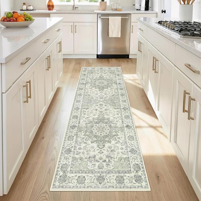 Sage Green Washable Hallway Runner Rug - 2x6 Kitchen Rug Distressed Low Pile Mats Non Slip Soft Rugs for Dining Room with Rubber Backing Bedroom Runner with Vintage Design (Green 2x6)
