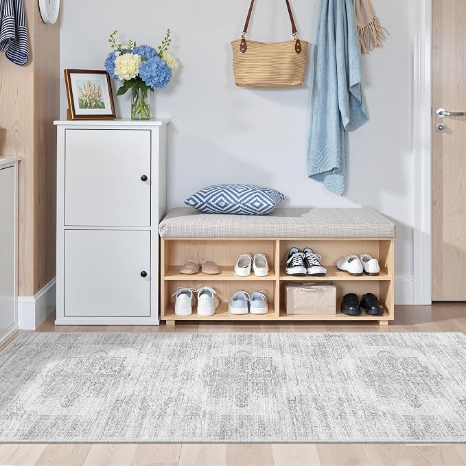 2x6 Runner Rug Non Slip,Washable Hallway Runner Rug,Grey | Neutral Rugs for Kitchen,Entryway,Bedroom,Bathroom,Nursery Room,Thin,Soft Runner Rug,Stain Resistant Indoor Carpet