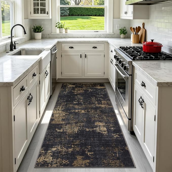 Sasttie 2x6 Soft Runner Rug for Entryway, Modern Abstract Washable Carpet for Hallway, Kitchen and Laundry Room, with Non-Slip Backing, Black and Gold