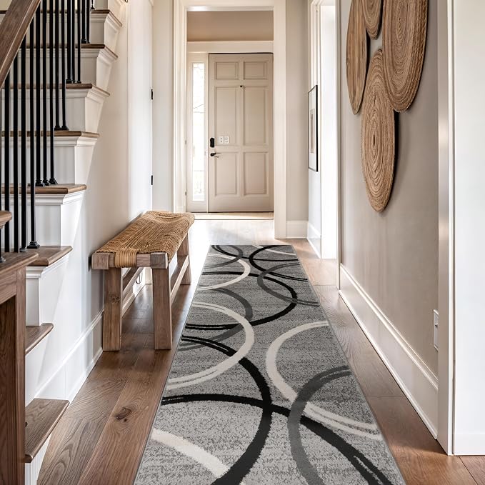 Rugshop Wavy Circles Fade-Resistant Living Room Runner Rug Gray 2' x 10'