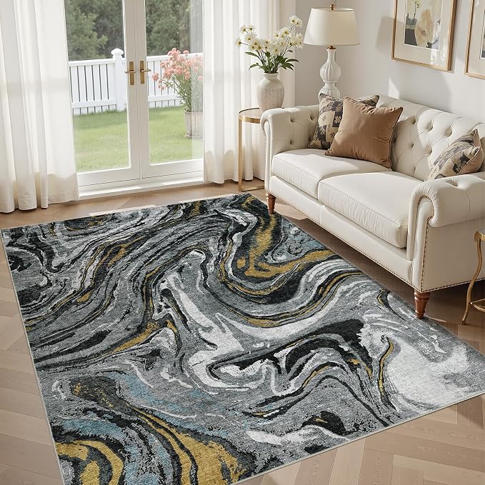 DMOYEST 5x7 Area Rug for Living Room - Washable Neutral Modern Abstract Rugs Soft Non-Slip Carpet Low Pile Indoor Floor Mat for Bedroom & Dining Room Decor for Families with Kids and Pet-Black Golden
