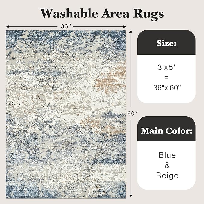 Art&Tuft Washable Rugs 3x5, Anti-Slip Backing Abstract 3x5 Area Rug, Stain Resistant Rugs for Living Room, Foldable Machine Washable Area Rug (3'x5', Blue)