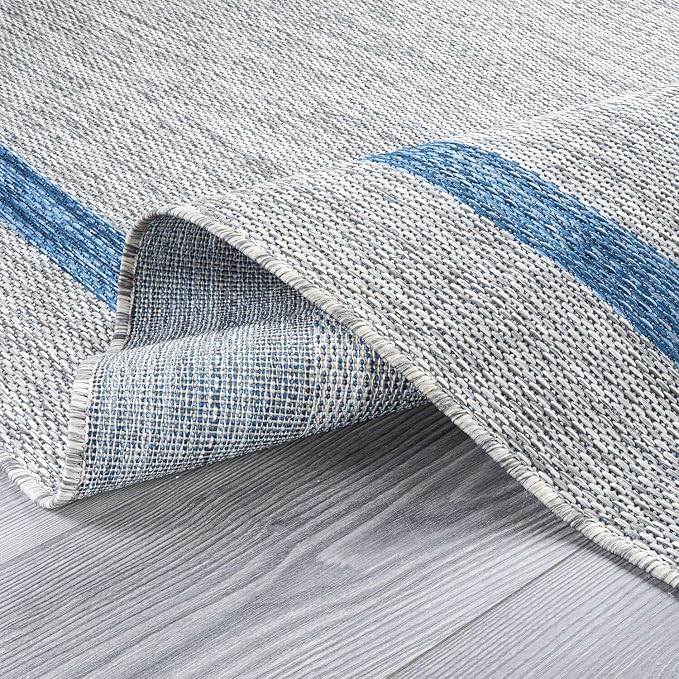 Luul Home Bordered Outdoor Rug 8x10 Washable Outside Carpet for Indoor Patio Porch Waterproof Easy Cleaning Non Shedding Area Rugs Silver Gray - Blue 8 x 10