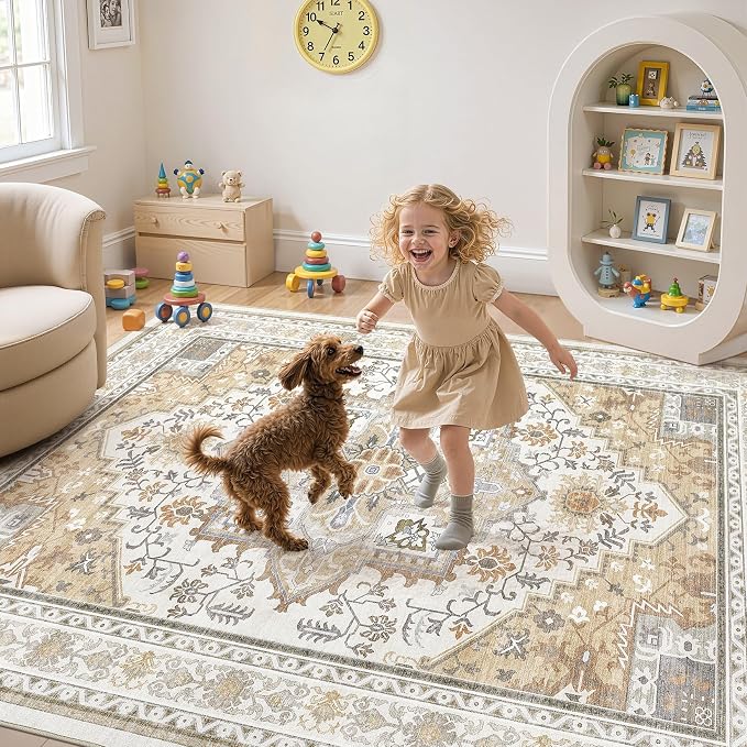 UERMEI 5x7 Area Rug for Living Room - Washable Vintage Carpet, Non-Slip Soft Large Indoor Floor Rugs for Bedroom Home Office & Under Dining Table Decor, Brown Beige
